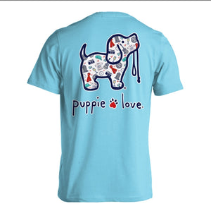 Red Scarf Blue Short-Sleeved Puppie Love Shirt
